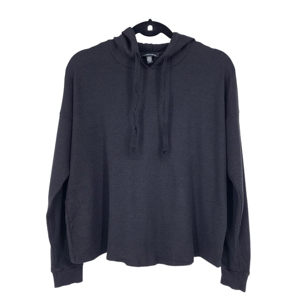 Eileen Fisher Black Cozy Waffle Knit Hooded Sweater Top Size XS